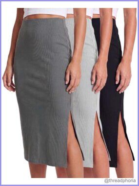 Ribbed Stretch Midi Pencil Skirt High Waist Back Slit Work